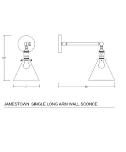 Jamestown Single Long Arm Wall Sconce with Tapered Clear Glass Shade, Bronze