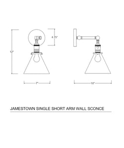Jamestown Single Short Arm Wall Sconce with Tapered Clear Glass Shade, Polished Nickel