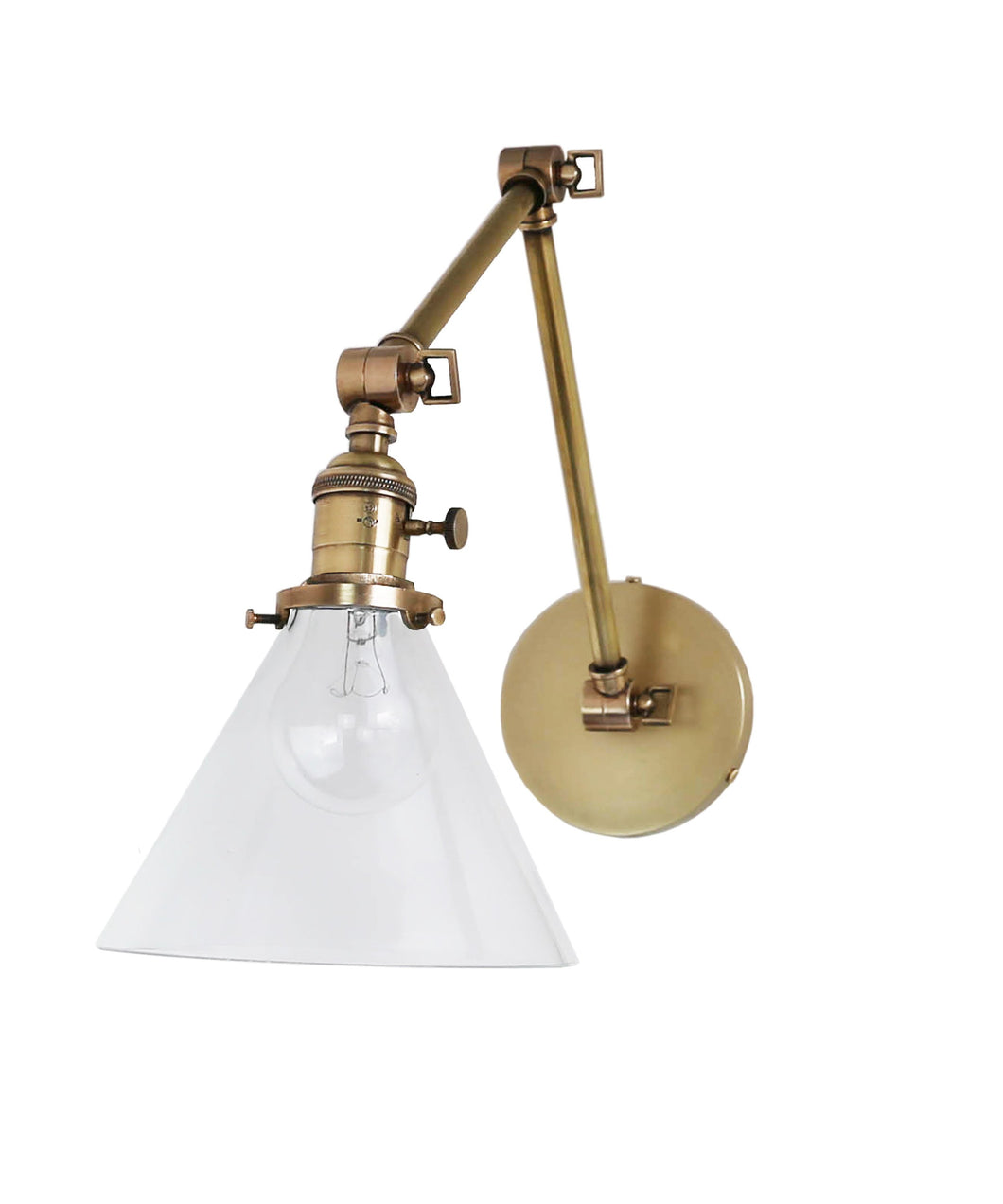 Jamestown Double Arm Wall Sconce with Tapered Clear Glass Shade, Antique Brass