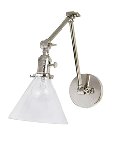 Jamestown Double Arm Wall Sconce with Tapered Clear Glass Shade, Polished Nickel