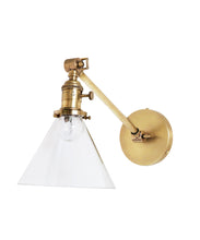 Jamestown Single Long Arm Wall Sconce with Tapered Clear Glass Shade, Antique Brass