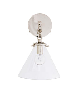 Beaumont Wall Sconce, Polished Nickel and Clear Glass Tapered Shade