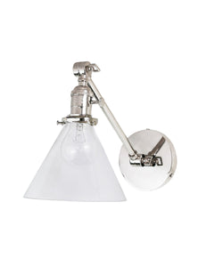 Jamestown Single Long Arm Wall Sconce with Tapered Clear Glass Shade, Polished Nickel