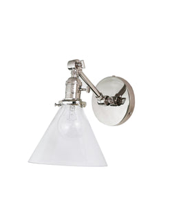 Jamestown Single Short Arm Wall Sconce with Tapered Clear Glass Shade, Polished Nickel